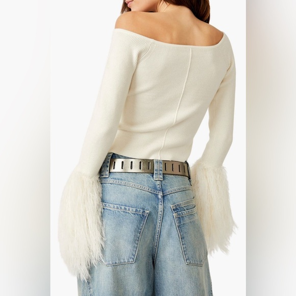 Free People Marilyn Faux Feather Trim Off the Shoulder Crop Sweater - Picture 7 of 10